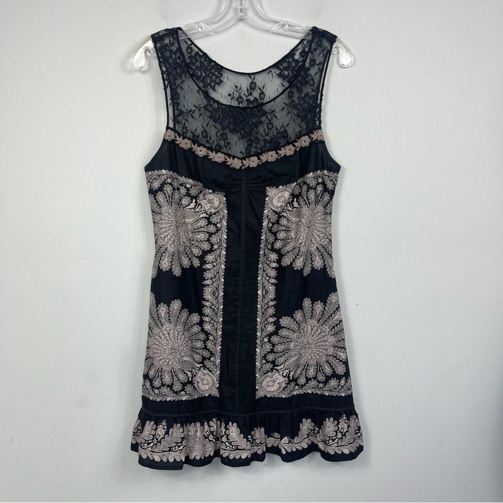 Free People Peacock Shift Mini Dress 8 Linen Lace Ruffle Embroidered Boho Floral - Picture 7 of 16
